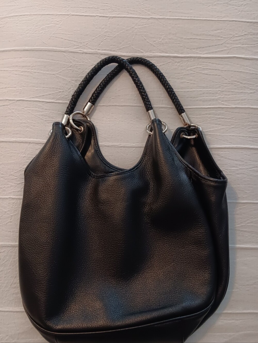 LOFT Classic Black Pebbled Leather Tote Bag with Braided Handles, Medium Size